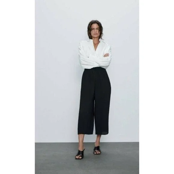 Zara EUC Pleated Black Elastic Waistband Culottes Pants Trousers Size XS - Picture 9 of 12